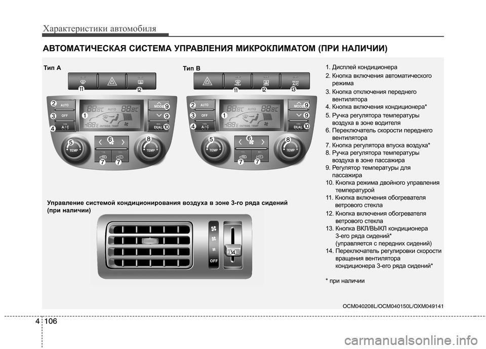 Hyundai Santa Fe 2011  Инструкция по эксплуатации (in Russian) Характеристики автомобиля
106
4106
4 АВТОМАТИЧЕСКАЯ СИСТЕМА УПРАВЛЕНИЯ МИКРОКЛИМАТОМ (ПРИ НАЛИЧИИ)
OCM040208L/OCM040150L/O