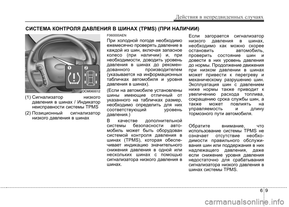 Hyundai Santa Fe 2011  Инструкция по эксплуатации (in Russian) 69
Действия в непредвиденных случаях
СИСТЕМА КОНТРОЛЯ ДАВЛЕНИЯ В ШИНАХ (TPMS) (ПРИ НАЛИЧИИ)
(1)  Сигнализатор низк