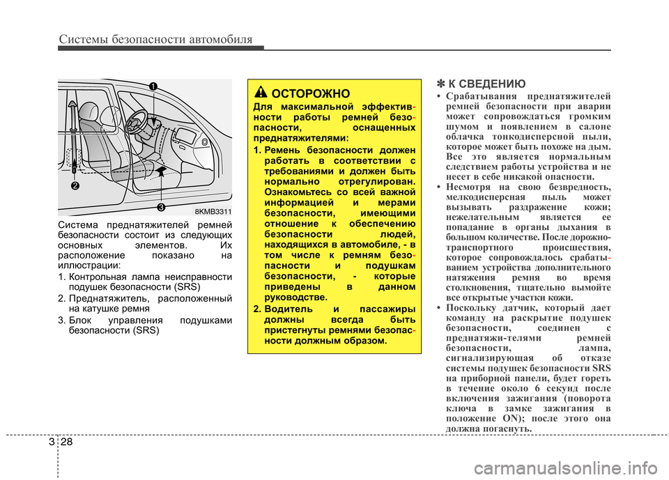 Hyundai Santa Fe 2011  Инструкция по эксплуатации (in Russian) Системы безопасности автомобиля
28
3
Система преднатяжителей ремней 
безопасности состоит из следующих
основ