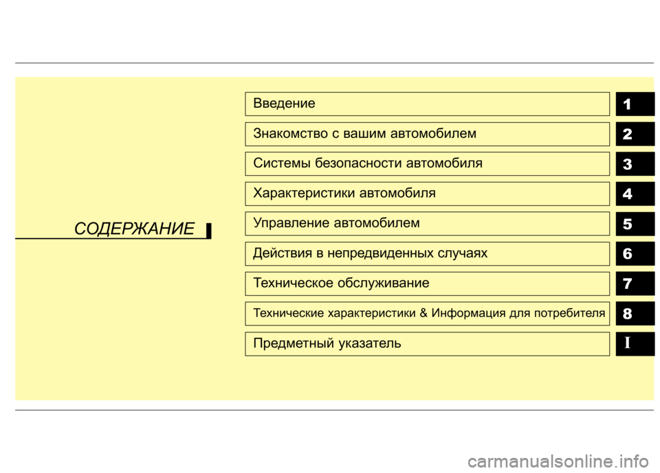 Hyundai Santa Fe 2011  Инструкция по эксплуатации (in Russian) 1 2 3 4 5 6 78Введение
Знакомство с вашим автомобилем
Системы безопасности автомобиля
Характеристики автомобиля
