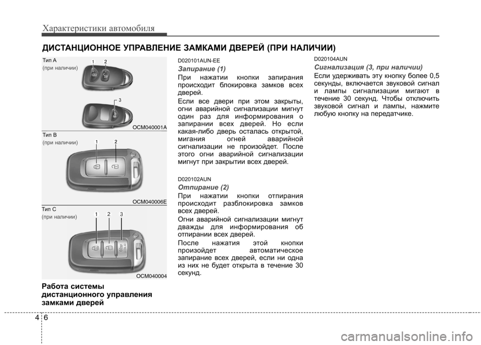 Hyundai Santa Fe 2011  Инструкция по эксплуатации (in Russian) Характеристики автомобиля
6
4
Работа системы 
дистанционного управления
замками дверей D020101AUN-EE
Запирание (1)
П