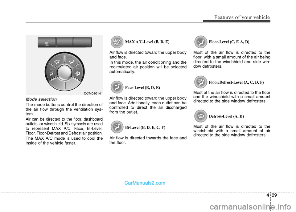 Hyundai Santa Fe 2010  Owners Manual 
469
Features of your vehicle
Mode selection
The mode buttons control the direction of
the air flow through the ventilation sys-
tem.
Air can be directed to the floor, dashboard
outlets, or windshield