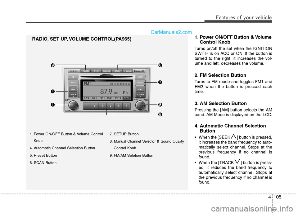 Hyundai Santa Fe 2010 Owners Manual
4105
Features of your vehicle
1. Power ON/OFF Button & Volume ControlKnob
4. Automatic Channel Selection Button
5. Preset Button
6. SCAN Button 7. SETUP Button
8. Manual Channel Selector & Sound Qual Hyundai Santa Fe 2010 Owners Manual
4105
Features of your vehicle
1. Power ON/OFF Button & Volume ControlKnob
4. Automatic Channel Selection Button
5. Preset Button
6. SCAN Button 7. SETUP Button
8. Manual Channel Selector & Sound Qual