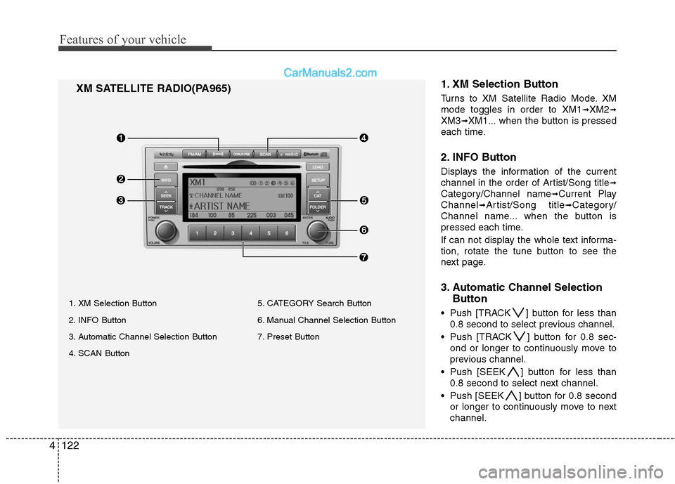 Hyundai Santa Fe 2010 Owners Manual
Features of your vehicle
122
4
1. XM Selection Button
Turns to XM Satellite Radio Mode. XM
mode toggles in order to XM1
➟XM2➟
XM3➟XM1... when the button is pressed
each time.
2. INFO Button
Dis Hyundai Santa Fe 2010 Owners Manual
Features of your vehicle
122
4
1. XM Selection Button
Turns to XM Satellite Radio Mode. XM
mode toggles in order to XM1
➟XM2➟
XM3➟XM1... when the button is pressed
each time.
2. INFO Button
Dis