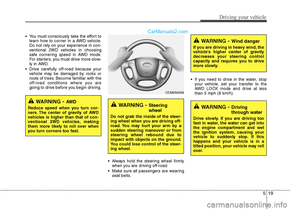 Hyundai Santa Fe 2010 Owners Manual
519
Driving your vehicle
You must consciously take the effort tolearn how to corner in a AWD vehicle.
Do not rely on your experience in con-
ventional 2WD vehicles in choosing
safe cornering speed i Hyundai Santa Fe 2010 Owners Manual
519
Driving your vehicle
You must consciously take the effort tolearn how to corner in a AWD vehicle.
Do not rely on your experience in con-
ventional 2WD vehicles in choosing
safe cornering speed i