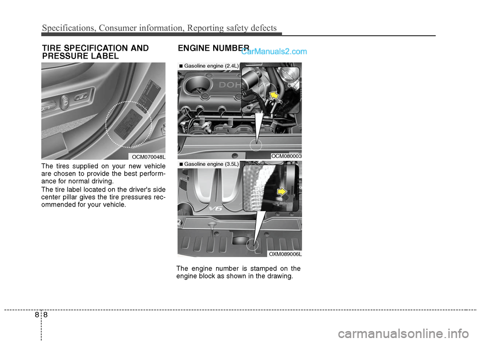 Hyundai Santa Fe 2010  Owners Manual 
Specifications, Consumer information, Reporting safety defects
8
8
The tires supplied on your new vehicle
are chosen to provide the best perform-
ance for normal driving.
The tire label located on th