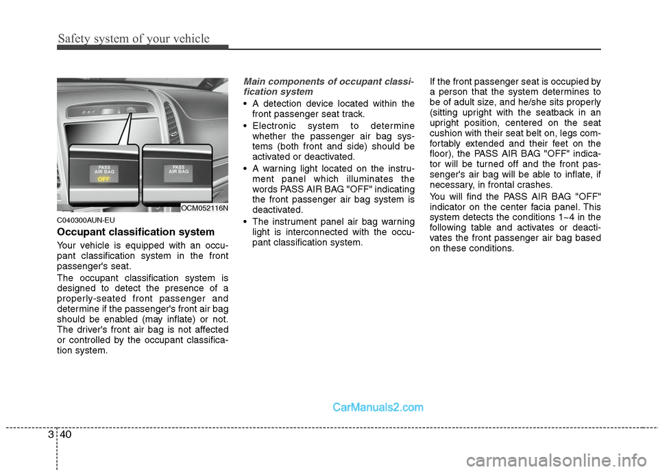 Hyundai Santa Fe 2010 Owners Manual
Safety system of your vehicle
40
3
C040300AUN-EU
Occupant classification system
Your vehicle is equipped with an occu-
pant classification system in the front
passengers seat.
The occupant classific Hyundai Santa Fe 2010 Owners Manual
Safety system of your vehicle
40
3
C040300AUN-EU
Occupant classification system
Your vehicle is equipped with an occu-
pant classification system in the front
passengers seat.
The occupant classific