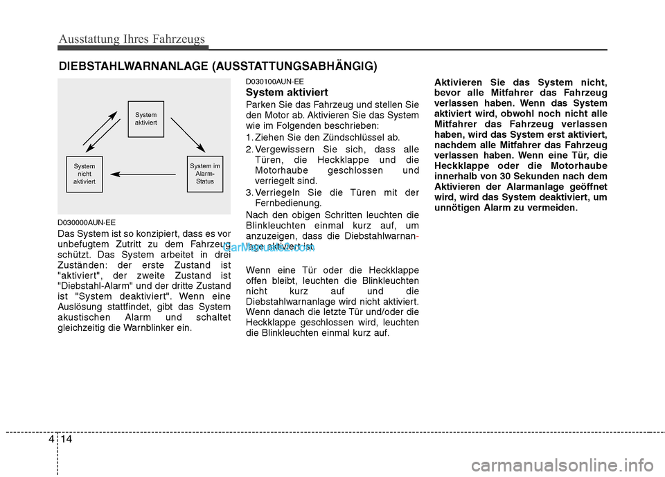 Hyundai Santa Fe 2010 Betriebsanleitung (in German) Ausstattung Ihres Fahrzeugs
14
4
D030000AUN-EE
Das System ist so konzipiert, dass es vor
unbefugtem Zutritt zu dem Fahrzeug
schützt. Das System arbeitet in drei
Zuständen: der erste Zustand ist
"a Hyundai Santa Fe 2010 Betriebsanleitung (in German) Ausstattung Ihres Fahrzeugs
14
4
D030000AUN-EE
Das System ist so konzipiert, dass es vor
unbefugtem Zutritt zu dem Fahrzeug
schützt. Das System arbeitet in drei
Zuständen: der erste Zustand ist
"a