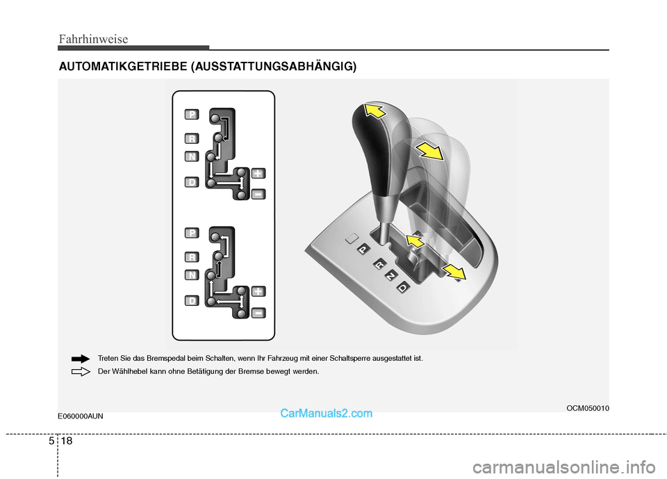Hyundai Santa Fe 2010  Betriebsanleitung (in German) Fahrhinweise
18
5
E060000AUN AUTOMATIKGETRIEBE (AUSSTATTUNGSABHÄNGIG)OCM050010
Der Wählhebel kann ohne Betätigung der Bremse bewegt werden.
Treten Sie das Bremspedal beim Schalten, wenn Ihr Fahrzeu