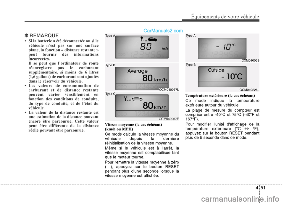 Hyundai Santa Fe 2010 Manuel du propriétaire (in French) 451
Équipements de votre véhicule
✽✽REMARQUE
Si la batterie a été déconnectée ou si le véhicule n’est pas sur une surface
plane, la fonction « distance restante »
peut fournir des in Hyundai Santa Fe 2010 Manuel du propriétaire (in French) 451
Équipements de votre véhicule
✽✽REMARQUE
Si la batterie a été déconnectée ou si le véhicule n’est pas sur une surface
plane, la fonction « distance restante »
peut fournir des in