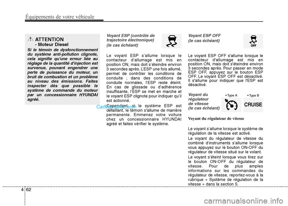 Hyundai Santa Fe 2010 Manuel du propriétaire (in French) Équipements de votre véhicule
62
4
Voyant ESP (contrôle de
trajectoire électronique)
(le cas échéant)
Le voyant ESP s’allume lorsque le contacteur d’allumage est mis en
position ON, mais do Hyundai Santa Fe 2010 Manuel du propriétaire (in French) Équipements de votre véhicule
62
4
Voyant ESP (contrôle de
trajectoire électronique)
(le cas échéant)
Le voyant ESP s’allume lorsque le contacteur d’allumage est mis en
position ON, mais do