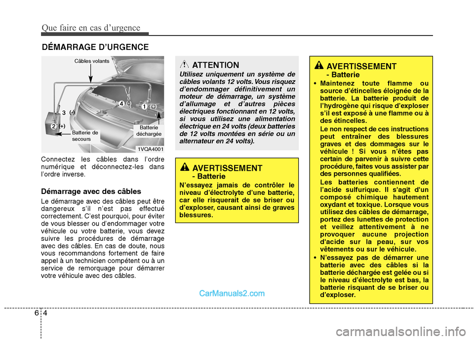 Hyundai Santa Fe 2010 Manuel du propriétaire (in French) Que faire en cas d’urgence
4
6
DÉMARRAGE D’URGENCE
Connectez les câbles dans l’ordre
numérique et déconnectez-les dans
l’ordre inverse.
Démarrage avec des câbles
Le démarrage avec de Hyundai Santa Fe 2010 Manuel du propriétaire (in French) Que faire en cas d’urgence
4
6
DÉMARRAGE D’URGENCE
Connectez les câbles dans l’ordre
numérique et déconnectez-les dans
l’ordre inverse.
Démarrage avec des câbles
Le démarrage avec de