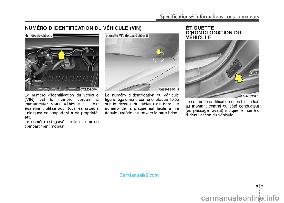 Hyundai Santa Fe 2010  Manuel du propriétaire (in French) 87
Spécifications&Informations consommateurs
NUMÉRO DIDENTIFICATION DU VÉHICULE (VIN)
Le numéro d’identification du véhicule 
(VIN) est le numéro servant à
immatriculer votre véhicule ; il 