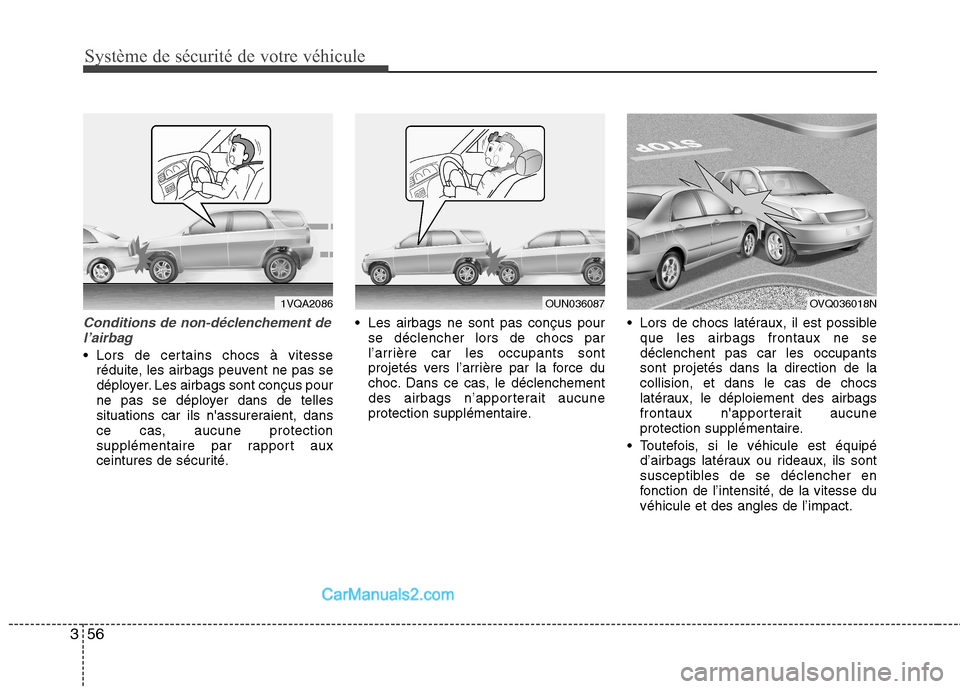 Hyundai Santa Fe 2010 Manuel du propriétaire (in French) Système de sécurité de votre véhicule
56
3
Conditions de non-déclenchement de
l’airbag
Lors de certains chocs à vitesse réduite, les airbags peuvent ne pas se
déployer. Les airbags sont c Hyundai Santa Fe 2010 Manuel du propriétaire (in French) Système de sécurité de votre véhicule
56
3
Conditions de non-déclenchement de
l’airbag
Lors de certains chocs à vitesse réduite, les airbags peuvent ne pas se
déployer. Les airbags sont c