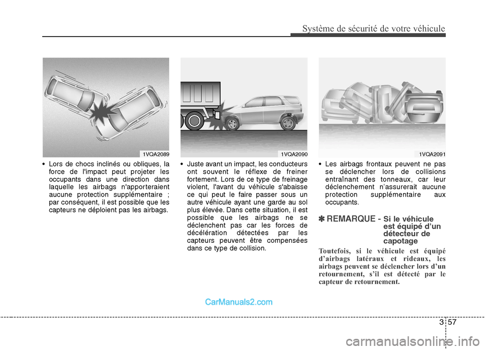 Hyundai Santa Fe 2010 Manuel du propriétaire (in French) 357
Système de sécurité de votre véhicule
Lors de chocs inclinés ou obliques, laforce de limpact peut projeter les occupants dans une direction dans
laquelle les airbags napporteraientaucune Hyundai Santa Fe 2010 Manuel du propriétaire (in French) 357
Système de sécurité de votre véhicule
Lors de chocs inclinés ou obliques, laforce de limpact peut projeter les occupants dans une direction dans
laquelle les airbags napporteraientaucune
