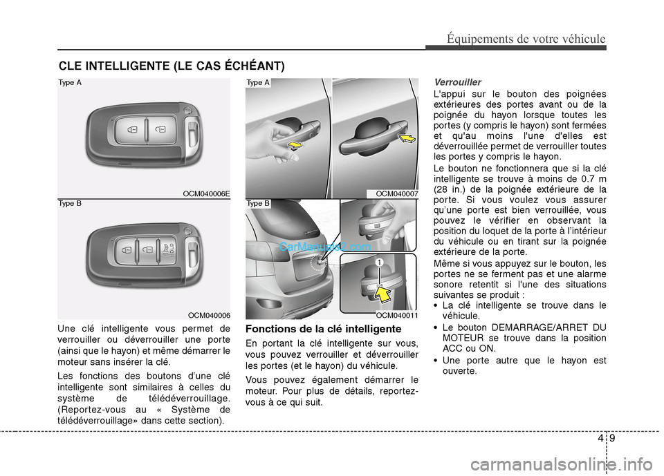Hyundai Santa Fe 2010 Manuel du propriétaire (in French) 49
Équipements de votre véhicule
Une clé intelligente vous permet de
verrouiller ou déverrouiller une porte
(ainsi que le hayon) et même démarrer lemoteur sans insérer la clé.
Les fonctions Hyundai Santa Fe 2010 Manuel du propriétaire (in French) 49
Équipements de votre véhicule
Une clé intelligente vous permet de
verrouiller ou déverrouiller une porte
(ainsi que le hayon) et même démarrer lemoteur sans insérer la clé.
Les fonctions