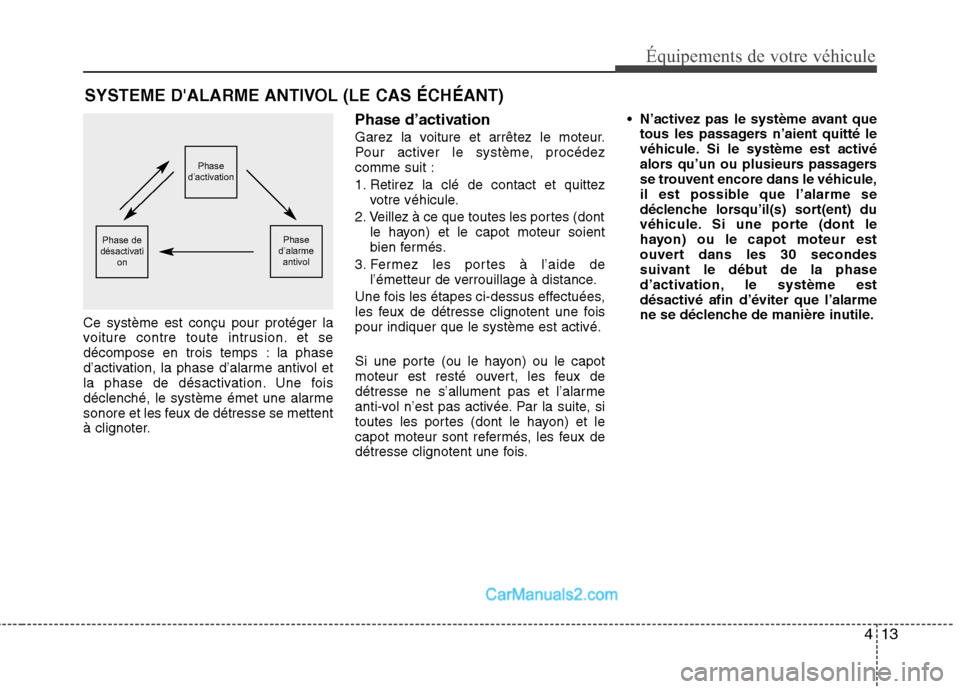 Hyundai Santa Fe 2010 Manuel du propriétaire (in French) 413
Équipements de votre véhicule
Ce système est conçu pour protéger la
voiture contre toute intrusion. et se
décompose en trois temps : la phase
d’activation, la phase d’alarme antivol et
Hyundai Santa Fe 2010 Manuel du propriétaire (in French) 413
Équipements de votre véhicule
Ce système est conçu pour protéger la
voiture contre toute intrusion. et se
décompose en trois temps : la phase
d’activation, la phase d’alarme antivol et