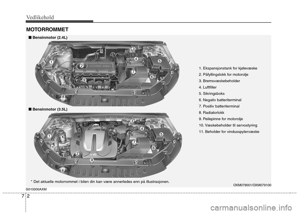 Hyundai Santa Fe 2010  Brukerhåndbok (in Norwegian) Vedlikehold
2
7
MOTORROMMET
1. Ekspansjonstank for kjølevæske 
2. Påfyllingslokk for motorolje
3. Bremsvæskebeholder
4. Luftfilter
5. Sikringsboks
6. Negativ batteriterminal
7. Positiv batteriterm