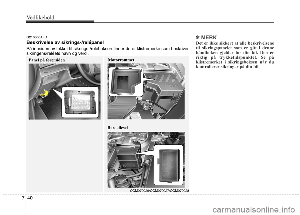 Hyundai Santa Fe 2010  Brukerhåndbok (in Norwegian) Vedlikehold
40
7
✽✽
MERK
Det er ikke sikkert at alle beskrivelsene 
til sikringspanelet som er gitt i denne
håndboken gjelder for din bil. Den er
riktig på trykketidspunktet. Se på
klistremerke