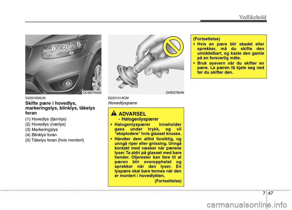Hyundai Santa Fe 2010  Brukerhåndbok (in Norwegian) 747
Vedlikehold
ADVARSEL  - 
Halogenlyspærer
 Halogenlyspærer inneholdergass under trykk, og vil
"eksplodere" hvis glasset knuses.
 Håndter dem alltid forsiktig, ogunngå riper eller gnissing. Unng