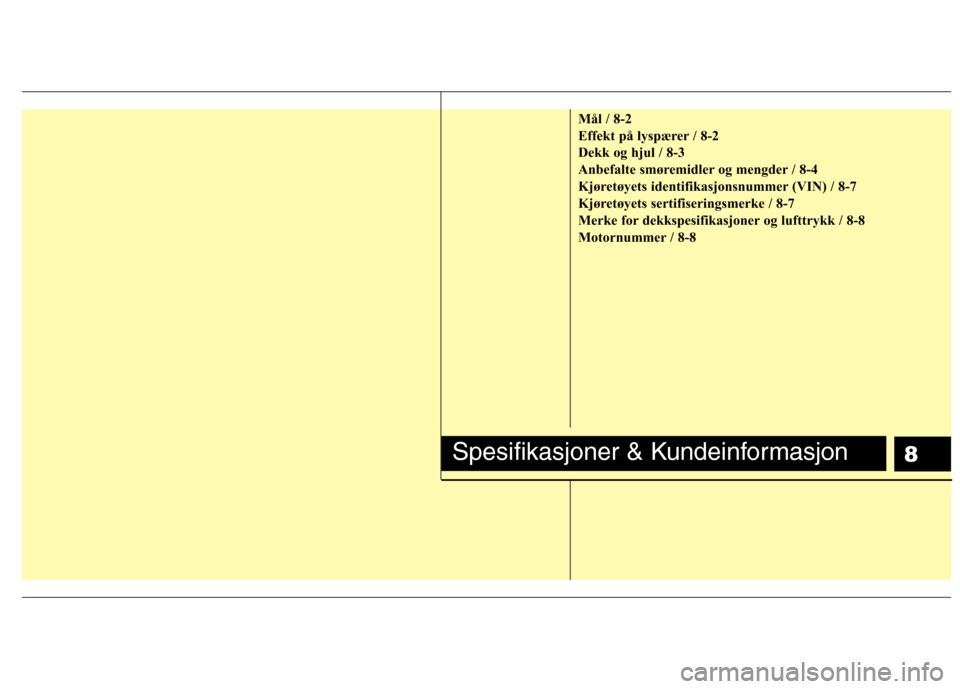 Hyundai Santa Fe 2010  Brukerhåndbok (in Norwegian) 8
Mål / 8-2 
Effekt på lyspærer / 8-2
Dekk og hjul / 8-3
Anbefalte smøremidler og mengder / 8-4
Kjøretøyets identifikasjonsnummer (VIN) / 8-7
Kjøretøyets sertifiseringsmerke / 8-7
Merke for de