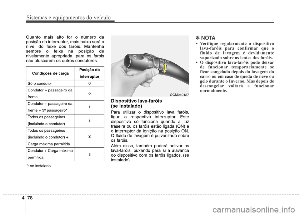 Hyundai Santa Fe 2010 Manual do proprietário (in Portuguese) Sistemas e equipamentos do veículo
78
4
Quanto mais alto for o número da
posição do interruptor, mais baixo será o
nível do feixe dos faróis. Mantenha
sempre o feixe na posição de
nivelament Hyundai Santa Fe 2010 Manual do proprietário (in Portuguese) Sistemas e equipamentos do veículo
78
4
Quanto mais alto for o número da
posição do interruptor, mais baixo será o
nível do feixe dos faróis. Mantenha
sempre o feixe na posição de
nivelament
