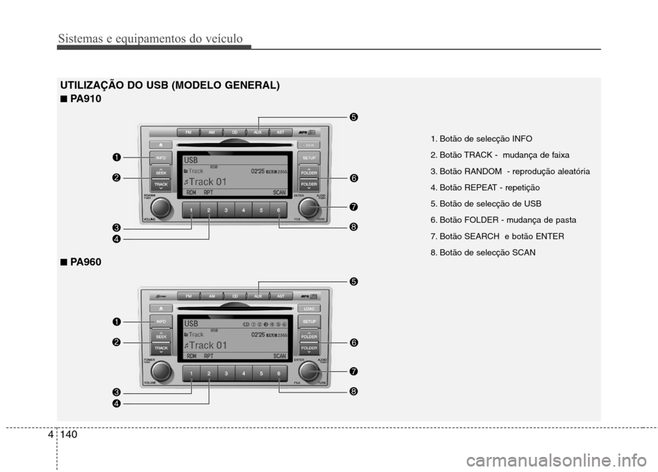 Hyundai Santa Fe 2010  Manual do proprietário (in Portuguese) Sistemas e equipamentos do veículo
140
4
UTILIZAÇÃO DO USB (MODELO GENERAL) ■ PA910
■ PA960
1. Botão de selecção INFO  
2. Botão TRACK -  mudança de faixa 
3. Botão RANDOM  - reprodução