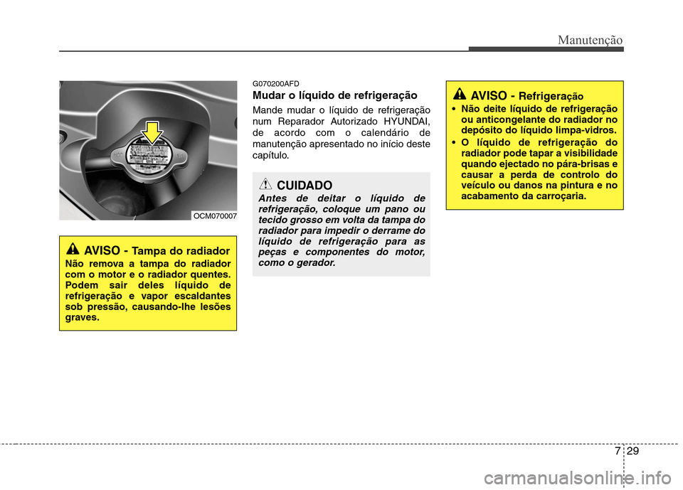Hyundai Santa Fe 2010  Manual do proprietário (in Portuguese) 729
Manutenção
G070200AFD 
Mudar o líquido de refrigeração 
Mande mudar o líquido de refrigeração 
num Reparador Autorizado HYUNDAI,
de acordo com o calendário de
manutenção apresentado no 