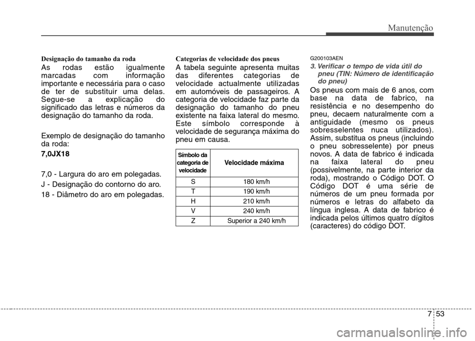 Hyundai Santa Fe 2010 Manual do proprietário (in Portuguese) 753
Manutenção
Designação do tamanho da roda As rodas estão igualmente
marcadas com informação
importante e necessária para o caso
de ter de substituir uma delas.
Segue-se a explicação do
s Hyundai Santa Fe 2010 Manual do proprietário (in Portuguese) 753
Manutenção
Designação do tamanho da roda As rodas estão igualmente
marcadas com informação
importante e necessária para o caso
de ter de substituir uma delas.
Segue-se a explicação do
s