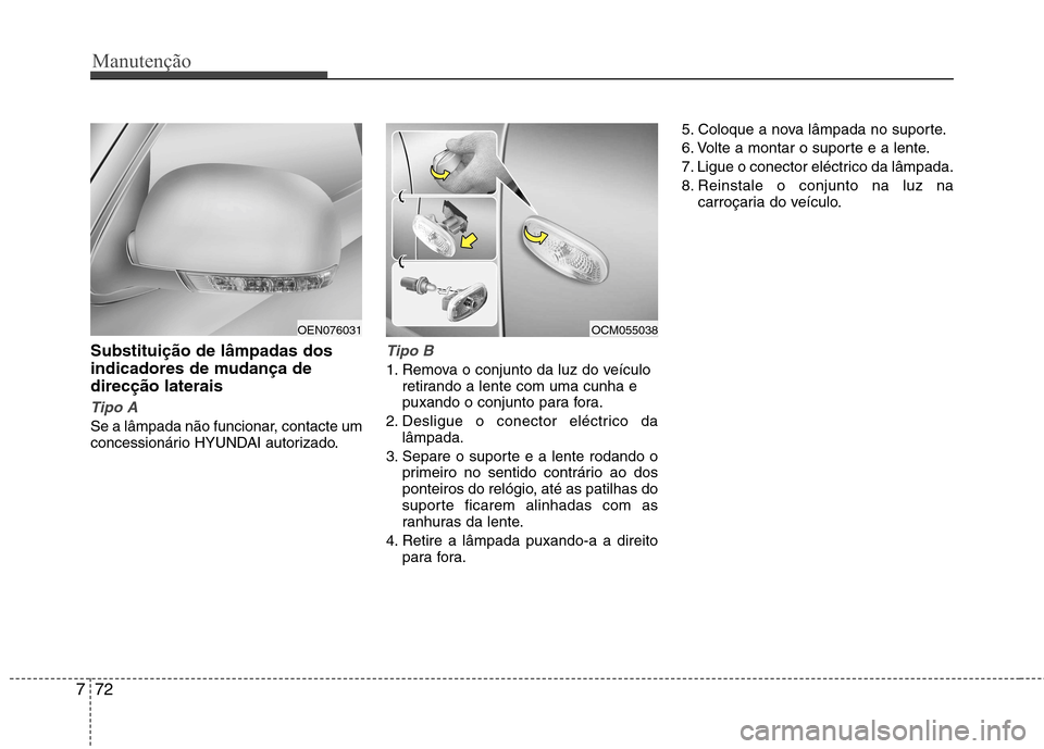 Hyundai Santa Fe 2010  Manual do proprietário (in Portuguese) Manutenção
72
7
Substituição de lâmpadas dos 
indicadores de mudança dedirecção laterais
Tipo A
Se a lâmpada não funcionar, contacte um 
concessionário HYUNDAI autorizado.
Tipo B
1. Remova 