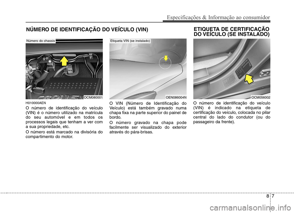 Hyundai Santa Fe 2010  Manual do proprietário (in Portuguese) 87
Especificações & Informação ao consumidor
NÚMERO DE IDENTIFICAÇÃO DO VEÍCULO (VIN)
H010000AEN 
O número de identificação do veículo (VIN) é o número utilizado na matrícula
do seu aut