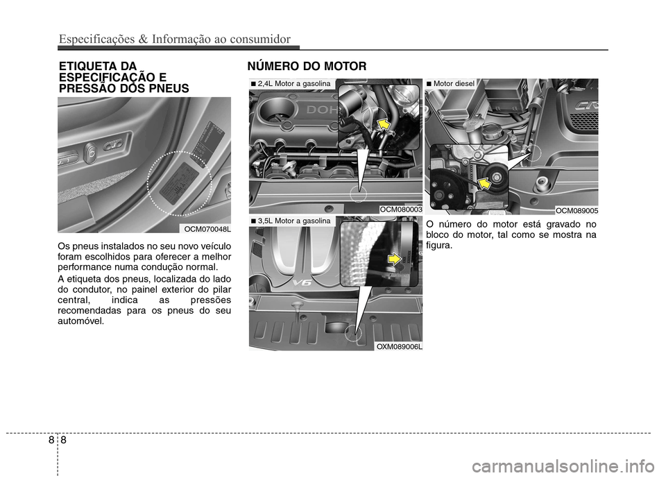 Hyundai Santa Fe 2010  Manual do proprietário (in Portuguese) Os pneus instalados no seu novo veículo 
foram escolhidos para oferecer a melhor
performance numa condução normal. 
A etiqueta dos pneus, localizada do lado 
do condutor, no painel exterior do pila