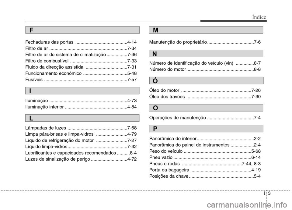Hyundai Santa Fe 2010 Manual do proprietário (in Portuguese) I3
Índice
Fechaduras das portas ........................................4-14
Filtro de ar ............................................................7-34
Filtro de ar do sistema de climatização . Hyundai Santa Fe 2010 Manual do proprietário (in Portuguese) I3
Índice
Fechaduras das portas ........................................4-14
Filtro de ar ............................................................7-34
Filtro de ar do sistema de climatização .