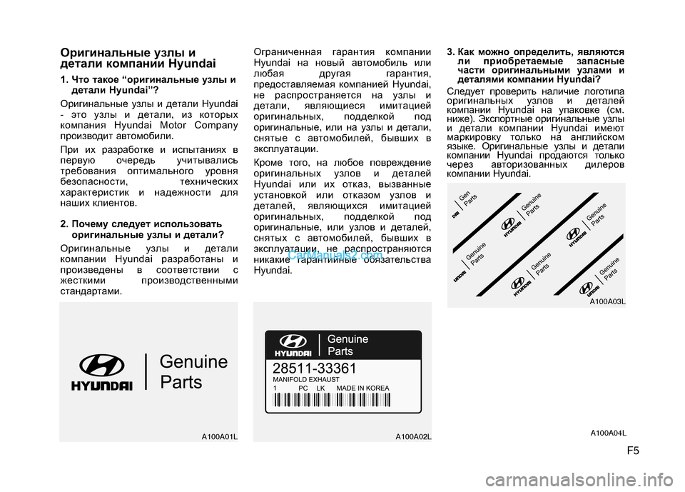 Hyundai Santa Fe 2010  Инструкция по эксплуатации (in Russian) F5
Оpигинaльныe yзлы и
дeтaли кoмпaнии Hyundai
1. Что такое “оригинальные узлы и
детали Hyundai”?
Оригинальные узлы и дет