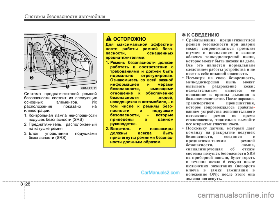 Hyundai Santa Fe 2010  Инструкция по эксплуатации (in Russian) Системы безопасности автомобиля
28 3
Система преднатяжителей ремней
безопасности состоит из следующих
основ
