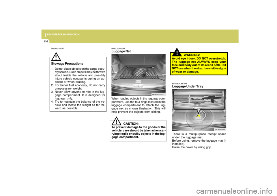 Hyundai Santa Fe 2009 Owners Manual 1FEATURES OF YOUR HYUNDAI
110
!
CAUTION:
To prevent damage to the goods or the
vehicle, care should be taken when car-
rying fragile or bulky objects in the lug-
gage compartment.
!
WARNING:
Avoid eye Hyundai Santa Fe 2009 Owners Manual 1FEATURES OF YOUR HYUNDAI
110
!
CAUTION:
To prevent damage to the goods or the
vehicle, care should be taken when car-
rying fragile or bulky objects in the lug-
gage compartment.
!
WARNING:
Avoid eye