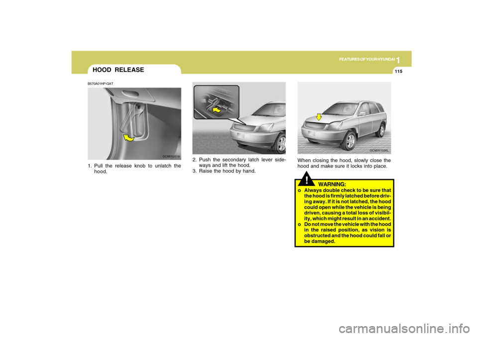 Hyundai Santa Fe 2009  Owners Manual 1
FEATURES OF YOUR HYUNDAI
115
2. Push the secondary latch lever side-
ways and lift the hood.
3. Raise the hood by hand.
OCM052019
HOOD RELEASEB570A01HP-GAT1. Pull the release knob to unlatch the
hoo