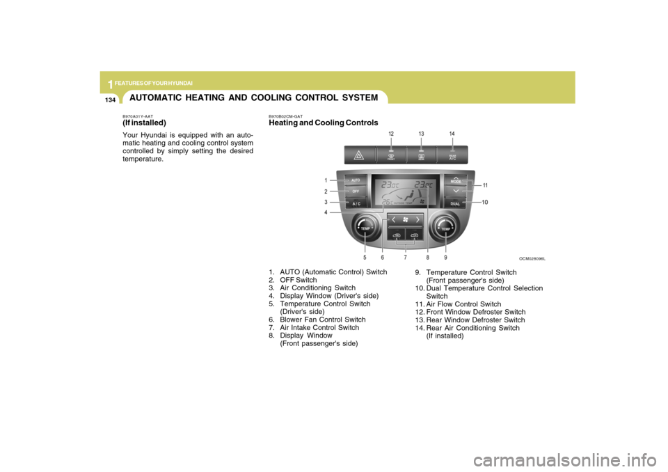 Hyundai Santa Fe 2009  Owners Manual 1FEATURES OF YOUR HYUNDAI
134
AUTOMATIC HEATING AND COOLING CONTROL SYSTEMB970A01Y-AAT(If installed)Your Hyundai is equipped with an auto-
matic heating and cooling control system
controlled by simply