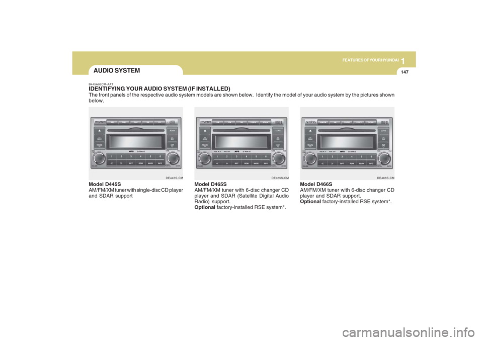 Hyundai Santa Fe 2009  Owners Manual 1147147147147147147
FEATURES OF YOUR HYUNDAI
AUDIO SYSTEMB445A02CM-AATIDENTIFYING YOUR AUDIO SYSTEM (IF INSTALLED)The front panels of the respective audio system models are shown below.  Identify the 