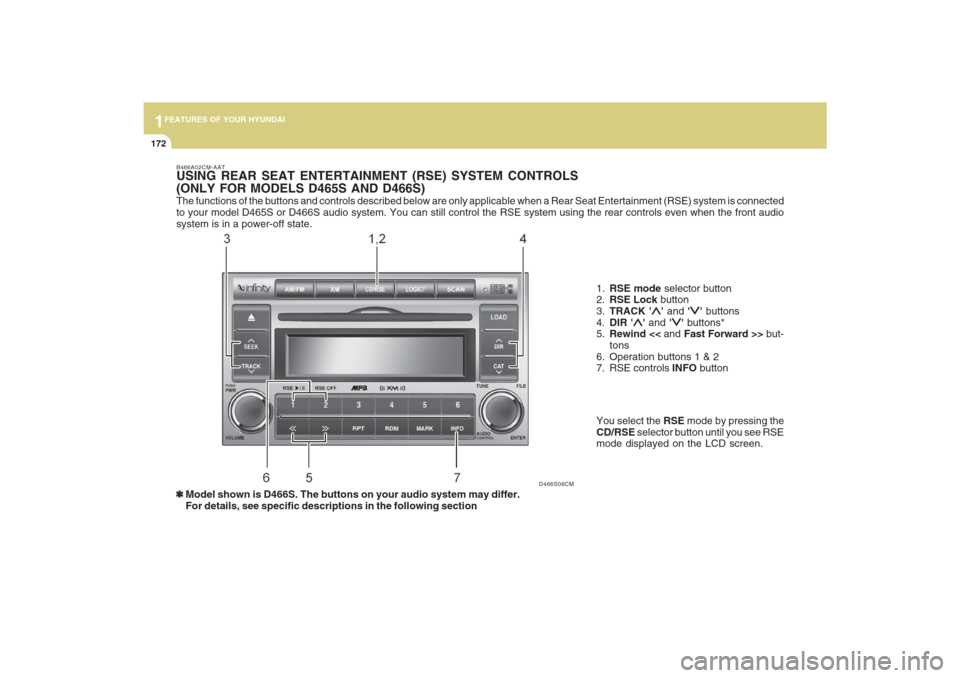 Hyundai Santa Fe 2009  Owners Manual 1FEATURES OF YOUR HYUNDAI
172
The functions of the buttons and controls described below are only applicable when a Rear Seat Entertainment (RSE) system is connected
to your model D465S or D466S audio 