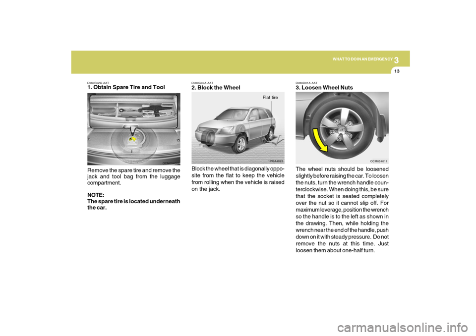 Hyundai Santa Fe 2009  Owners Manual 3
WHAT TO DO IN AN EMERGENCY
13
D060D01A-AAT3. Loosen Wheel Nuts
The wheel nuts should be loosened
slightly before raising the car. To loosen
the nuts, turn the wrench handle coun-
terclockwise. When 