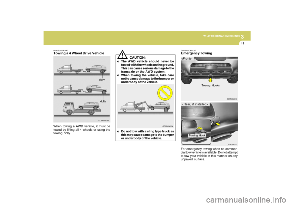 Hyundai Santa Fe 2009  Owners Manual 3
WHAT TO DO IN AN EMERGENCY
19
D080B01CM-AATTowing a 4 Wheel Drive Vehicle
OCM054033dollydolly
When towing a AWD vehicle, it must be
towed by lifting all 4 wheels or using the
towing dolly.
CAUTION:
