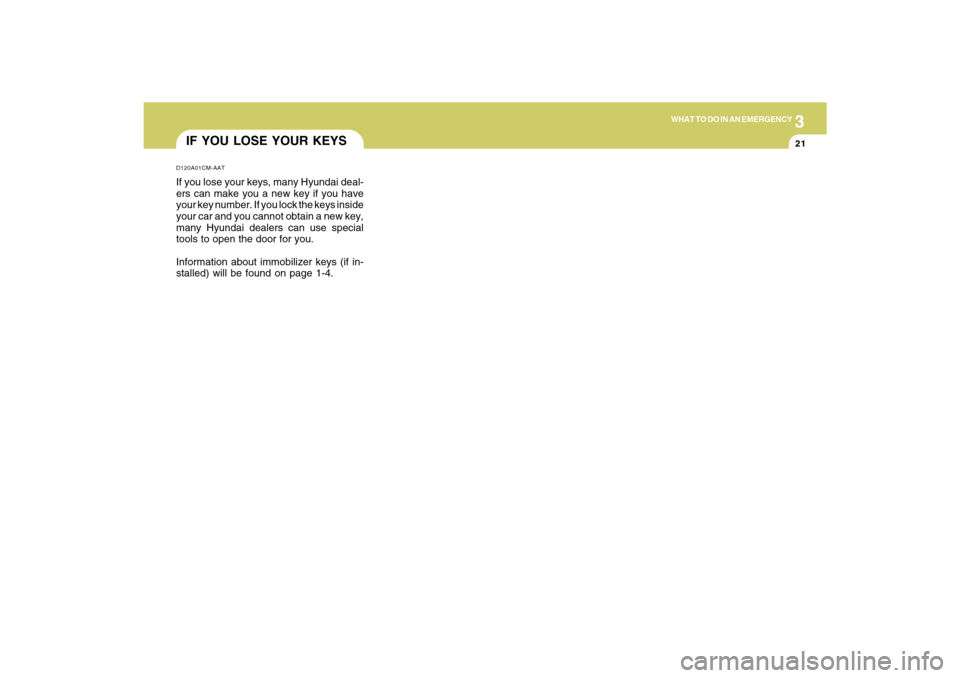 Hyundai Santa Fe 2009  Owners Manual 3
WHAT TO DO IN AN EMERGENCY
21
IF YOU LOSE YOUR KEYSD120A01CM-AATIf you lose your keys, many Hyundai deal-
ers can make you a new key if you have
your key number. If you lock the keys inside
your car