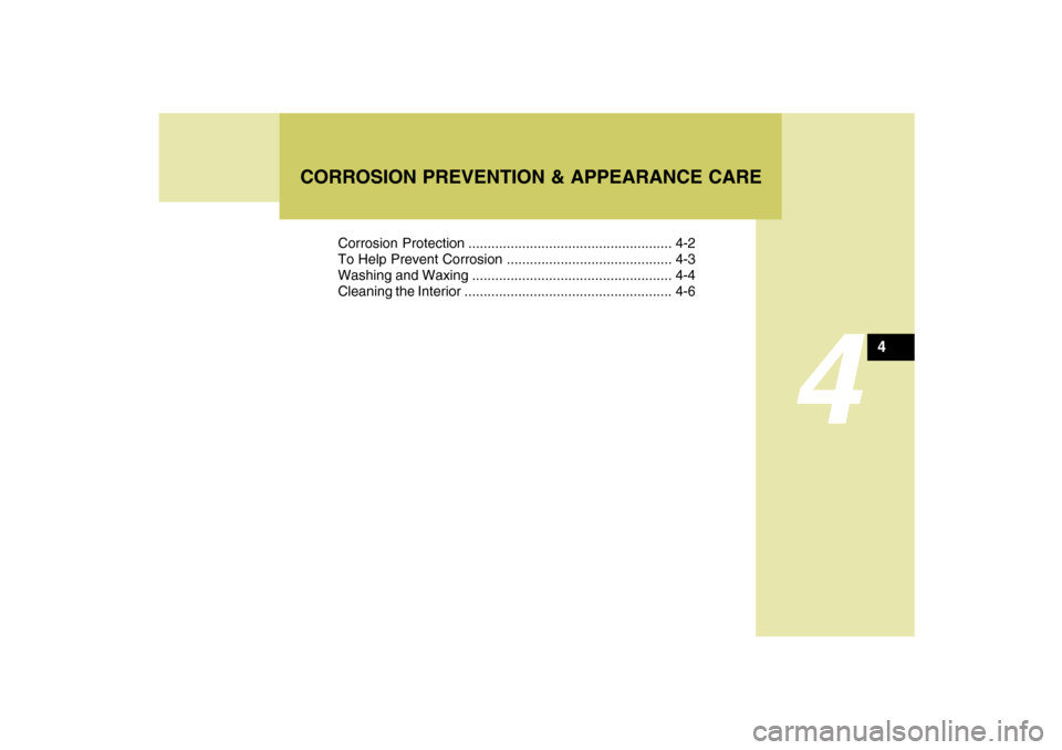 Hyundai Santa Fe 2009  Owners Manual 4
Corrosion Protection ..................................................... 4-2
To Help Prevent Corrosion ........................................... 4-3
Washing and Waxing ..........................