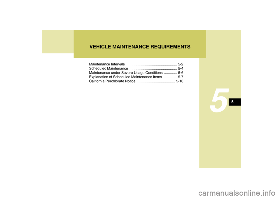 Hyundai Santa Fe 2009  Owners Manual 5
Maintenance Intervals ................................................... 5-2
Scheduled Maintenance ................................................ 5-4
Maintenance under Severe Usage Conditions ...