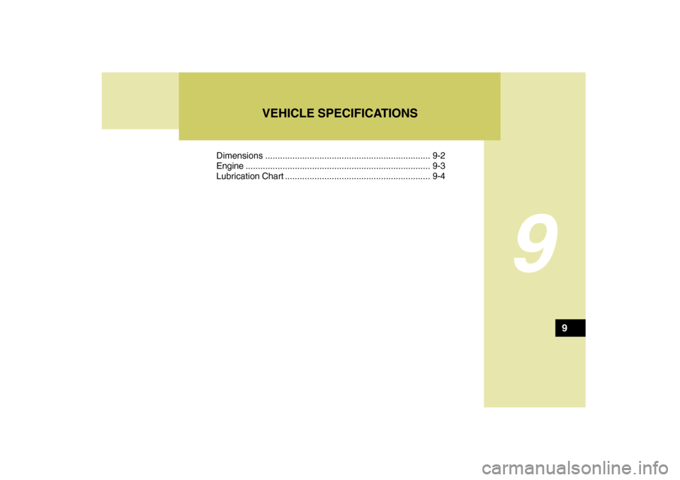 Hyundai Santa Fe 2009  Owners Manual 9
Dimensions................................................................... 9-2
Engine...........................................................................9-3
Lubrication Chart .............