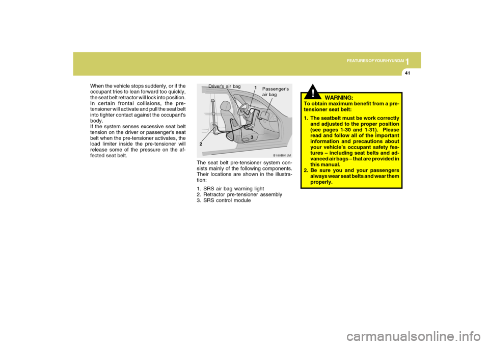 Hyundai Santa Fe 2009 Owners Manual 1
FEATURES OF YOUR HYUNDAI
41
The seat belt pre-tensioner system con-
sists mainly of the following components.
Their locations are shown in the illustra-
tion:
1. SRS air bag warning light
2. Retract Hyundai Santa Fe 2009 Owners Manual 1
FEATURES OF YOUR HYUNDAI
41
The seat belt pre-tensioner system con-
sists mainly of the following components.
Their locations are shown in the illustra-
tion:
1. SRS air bag warning light
2. Retract
