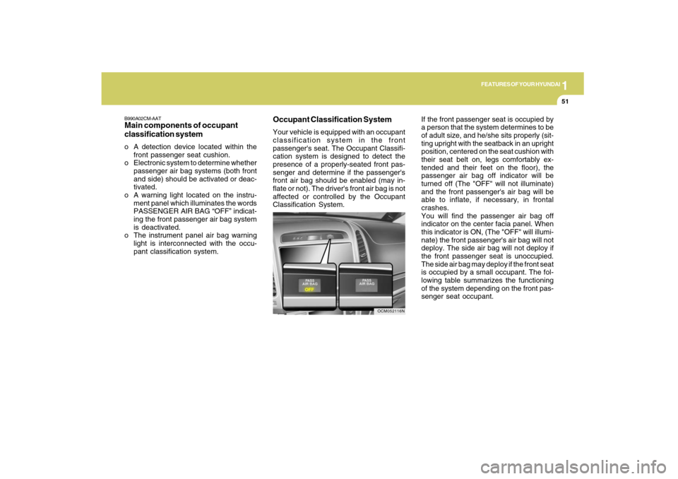 Hyundai Santa Fe 2009 Owners Manual 1
FEATURES OF YOUR HYUNDAI
51
Occupant Classification SystemYour vehicle is equipped with an occupant
classification system in the front
passengers seat. The Occupant Classifi-
cation system is desig Hyundai Santa Fe 2009 Owners Manual 1
FEATURES OF YOUR HYUNDAI
51
Occupant Classification SystemYour vehicle is equipped with an occupant
classification system in the front
passengers seat. The Occupant Classifi-
cation system is desig