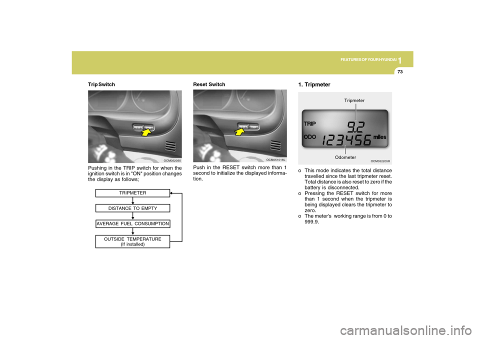 Hyundai Santa Fe 2009  Owners Manual 1
FEATURES OF YOUR HYUNDAI
73
Push in the RESET switch more than 1
second to initialize the displayed informa-
tion.
OCM051018L
Reset Switch
TRIPMETER
DISTANCE TO EMPTY
AVERAGE FUEL CONSUMPTION
OUTSID