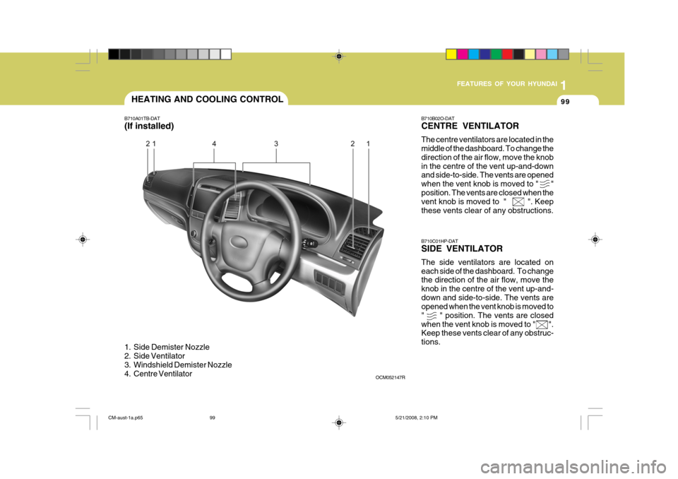 Hyundai Santa Fe 2009  Owners Manual - RHD (UK, Australia) 1
FEATURES OF YOUR HYUNDAI
99HEATING AND COOLING CONTROL
B710A01TB-DAT (If installed) 
1. Side Demister Nozzle 
2. Side Ventilator 
3. Windshield Demister Nozzle
4. Centre Ventilator B710B02O-DAT CENT